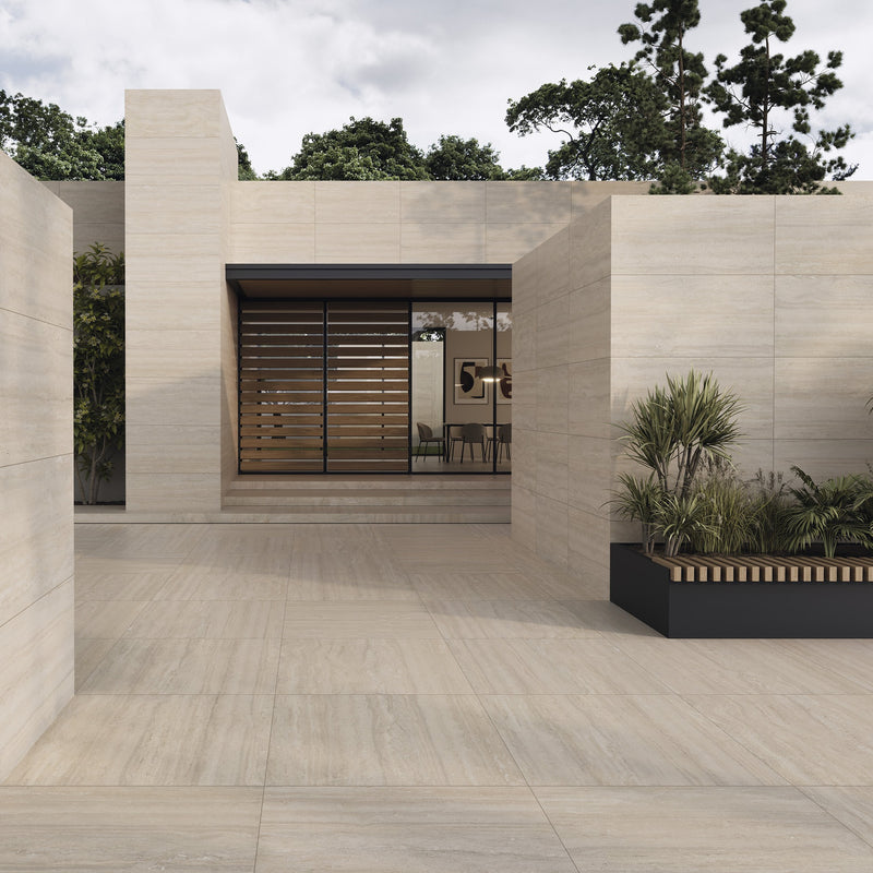 Sforza Beige 600 x 1200mm Porcelain Paving Slabs | Travertine Effect Garden Tiles