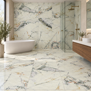 Bathroom with Verona Camille 600x600mm matt marble effect wall and floor tiles, a freestanding bath, walnut vanity and brass fittings.
