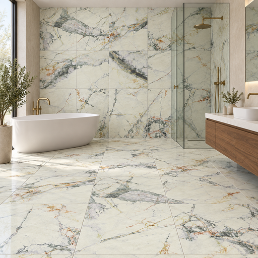 Bathroom with Verona Camille 600x600mm matt marble effect wall and floor tiles, a freestanding bath, walnut vanity and brass fittings.
