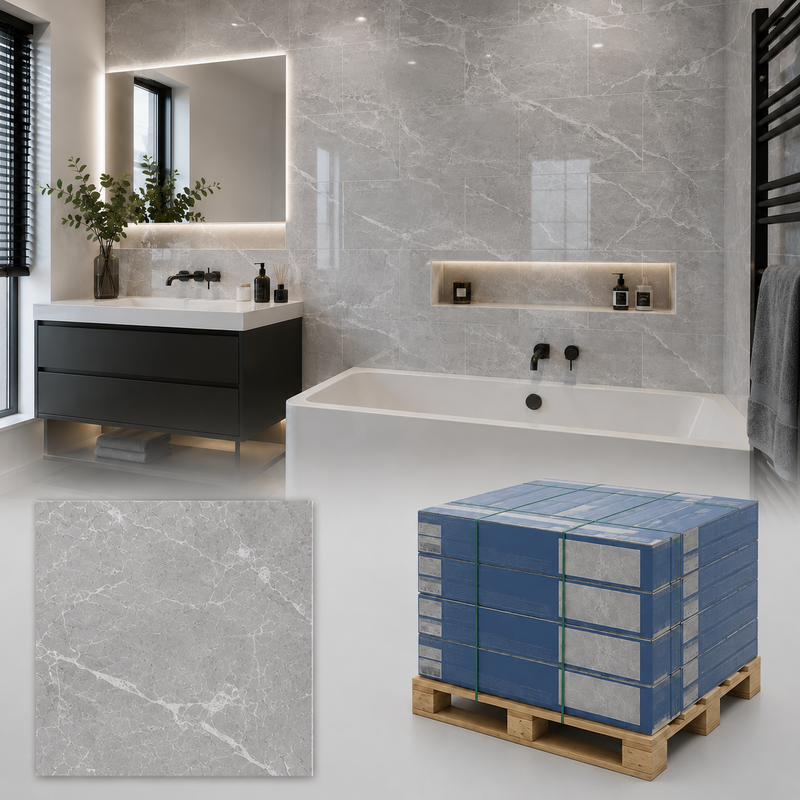 Valencia Dark Grey Marble Effect Gloss Wall Tile 30x60cm Pallet Deal