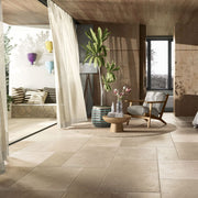 Cream Italian modular limestone flagstone effect porcelain tiles with chiselled edges