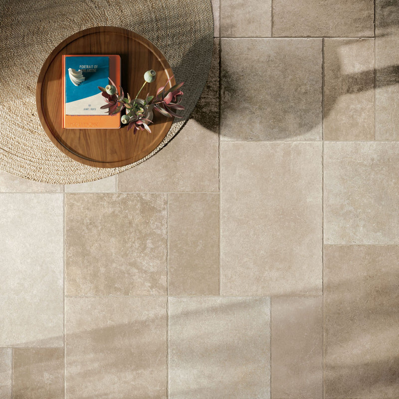 Cream Italian modular limestone flagstone effect porcelain tiles with chiselled edges