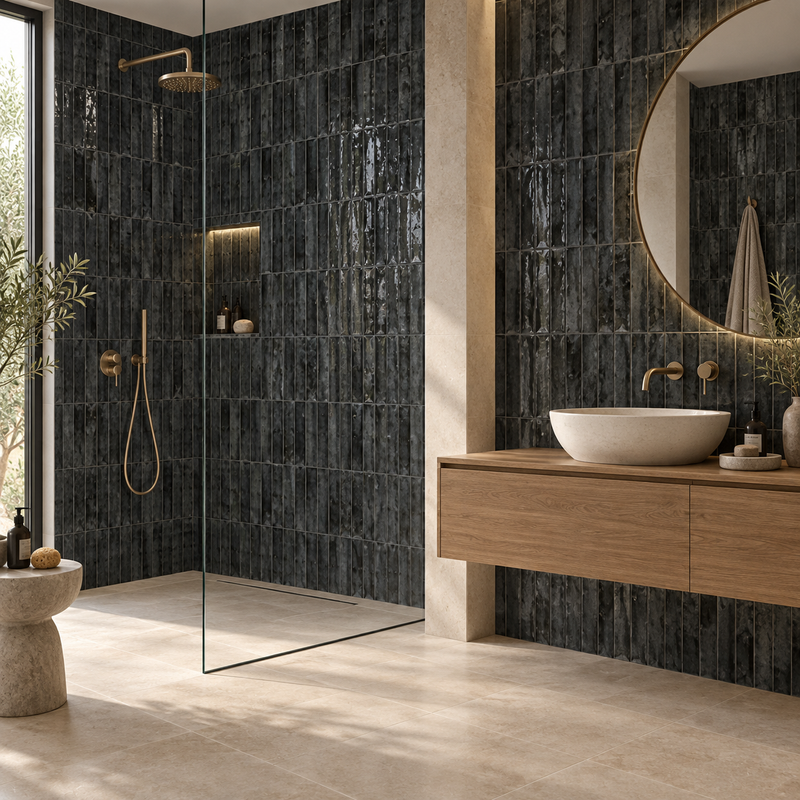 Nissel Black 7.5cm x 30cm Gloss Ceramic Wall Tiles