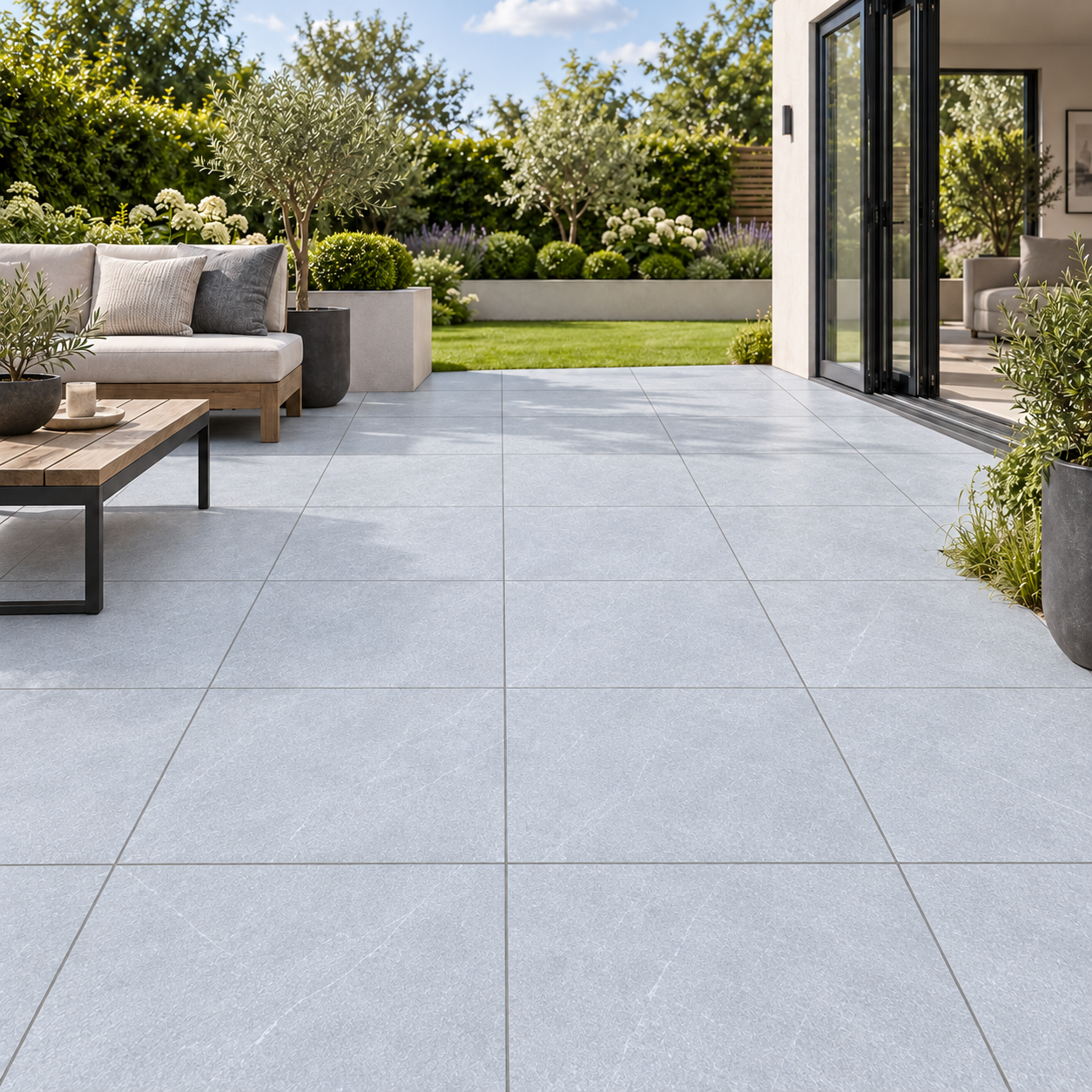 Grey square outdoor patio tiles. Porcelain Paving Slabs 