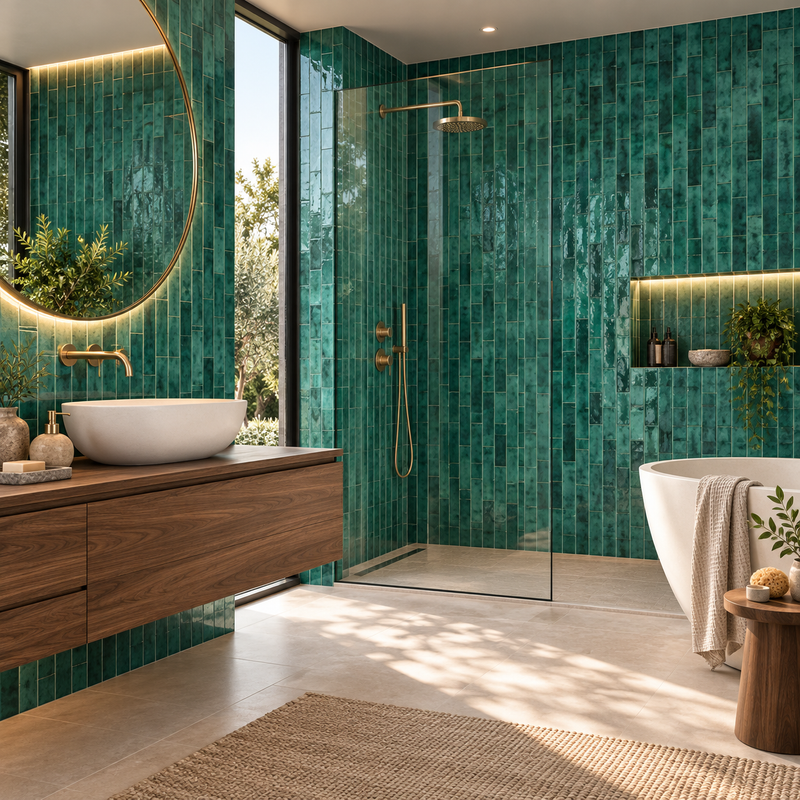 Nissel Emerald Green 7.5cm x 30cm Gloss Ceramic Wall Tiles