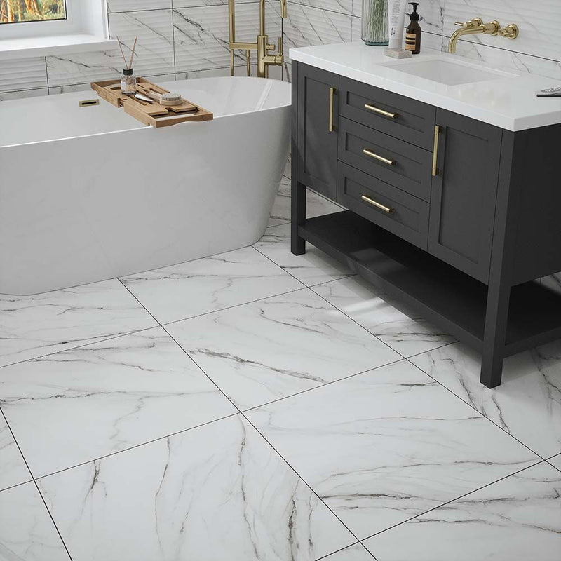 Verona Waldorf 600x600mm white marble effect matt porcelain tile with grey-toned veining.
