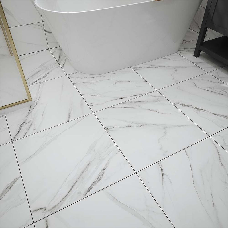 Verona Waldorf 600x600mm white marble effect matt porcelain tile with grey-toned veining.