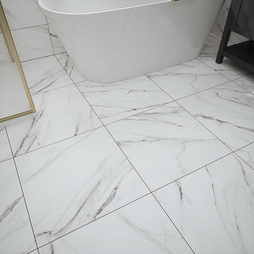 Verona Waldorf 600x600mm white marble effect matt porcelain tile with grey-toned veining.