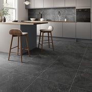 Verona Genesis Anthracite 600x600mm matt porcelain tile with charcoal grey stone-effect markings and fine pale veining.